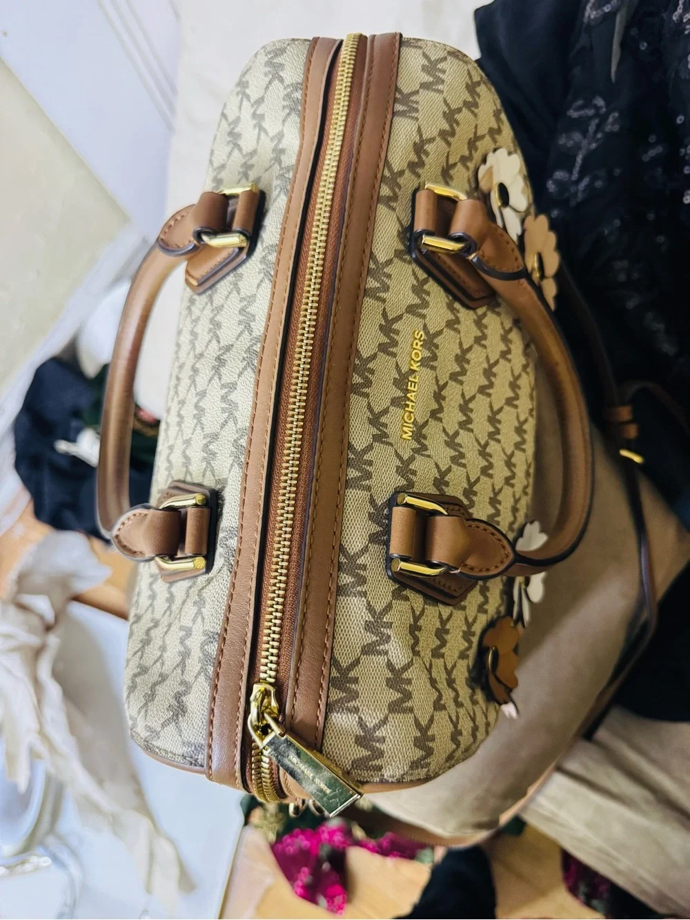 Michael Kors Floral Appliqué Satchel with Pink & White Flower